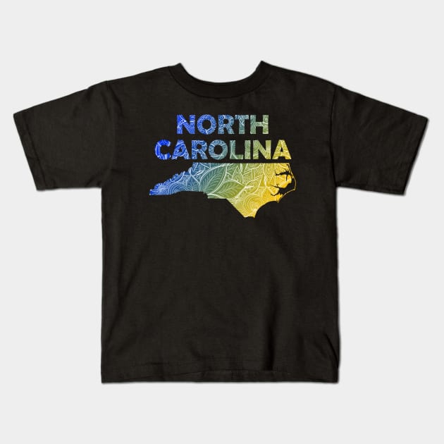 Colorful mandala art map of North Carolina with text in blue and yellow Kids T-Shirt by Happy Citizen